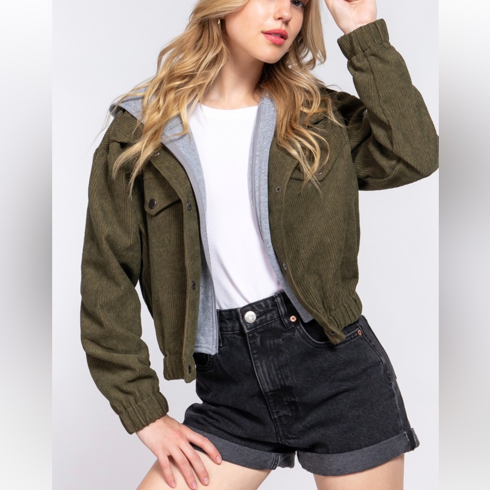 HOODIE CORDUROY BOMBER JACKET - ARMY OLIVE - Picture 3 of 5